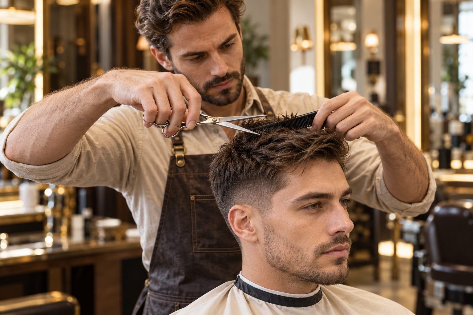 Barber cutting hair with professional hair cutting scissors