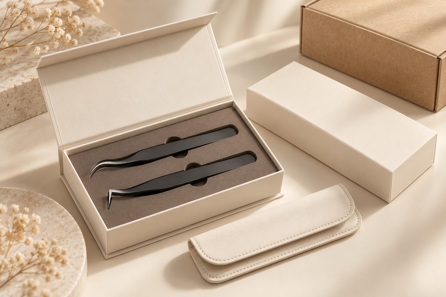 Lash tweezers in a custom gift box with leather pouch